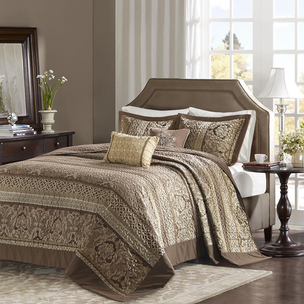 Madison Park Bellagio 5 Piece Reversible Jacquard Bedspread Set - Brown - King