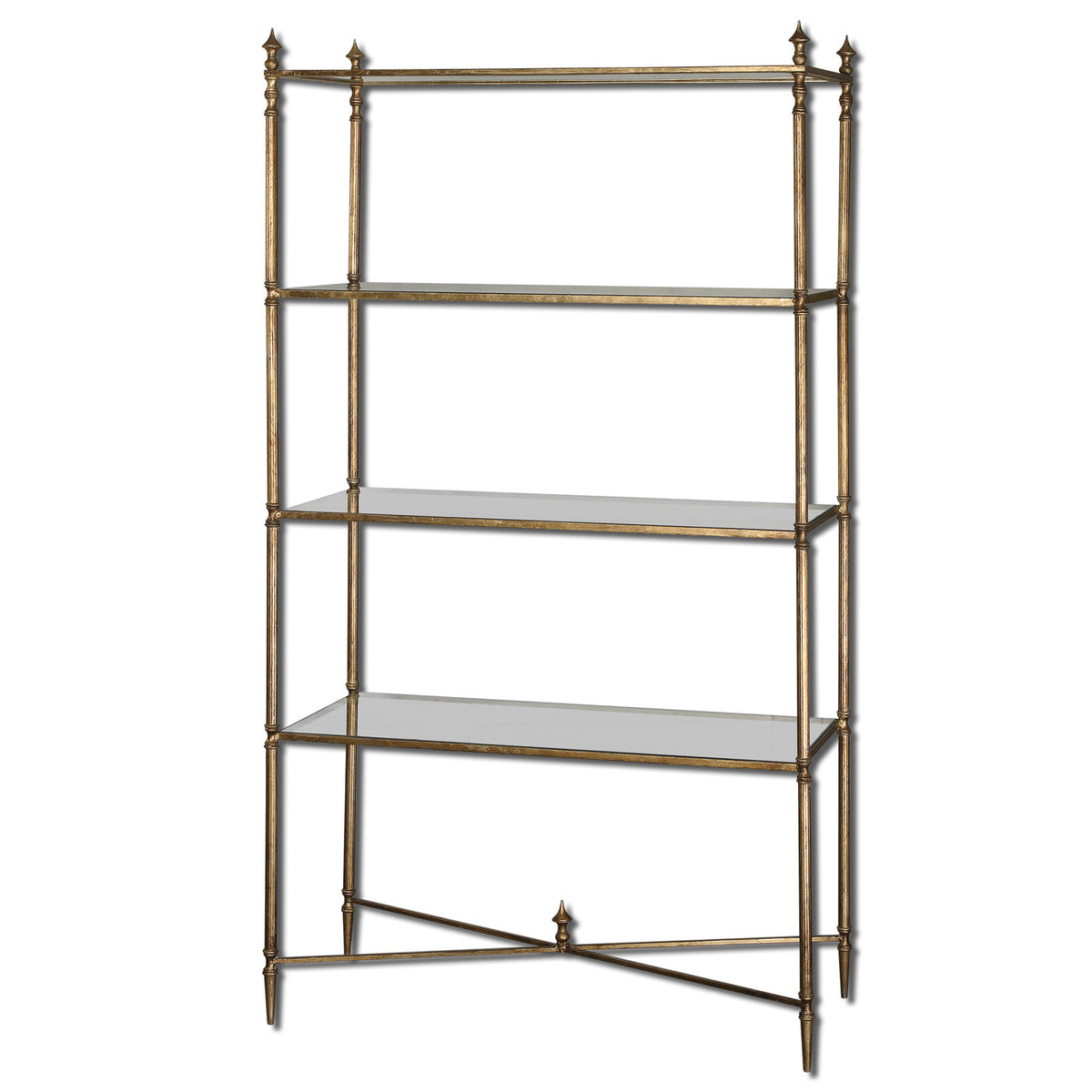 Antique Brass Etagere with Clear Shelves