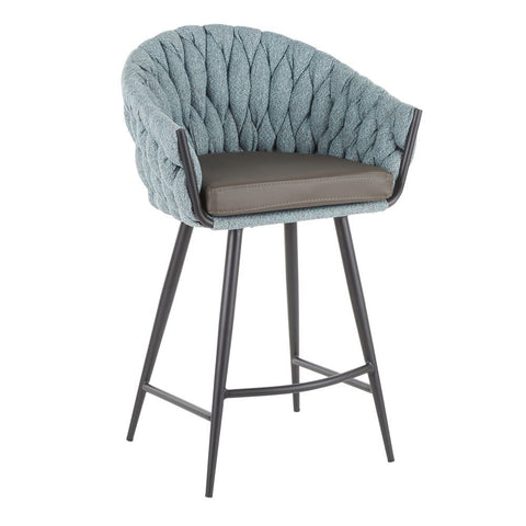 Lumisource Braided Matisse Contemporary Counter Stool in Black Metal with Grey Faux Leather and Blue Fabric