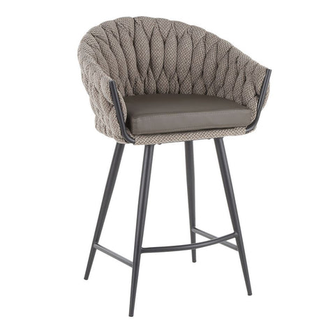 Lumisource Braided Matisse Contemporary Counter Stool in Black Metal with Grey Faux Leather and Grey Fabric