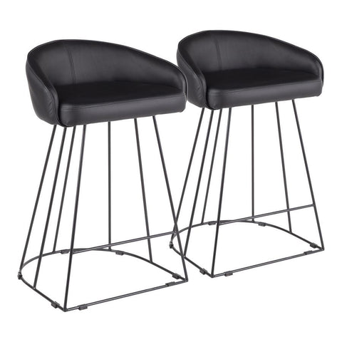 Lumisource Canary Contemporary Counter Stool in Black Metal & Black Faux Leather - Set of 2