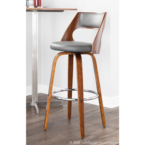 Lumisource Cecina Mid-Century Modern Barstool with Swivel in Walnut and Grey Faux Leather - Set of 2