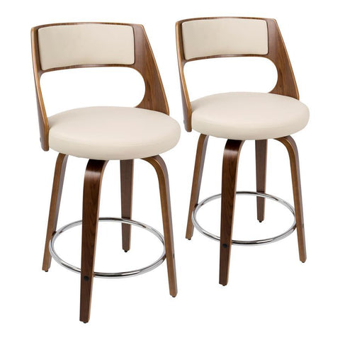 Lumisource Cecina Mid-Century Modern Counter Stool with Swivel in Walnut and Cream Faux Leather - Set of 2