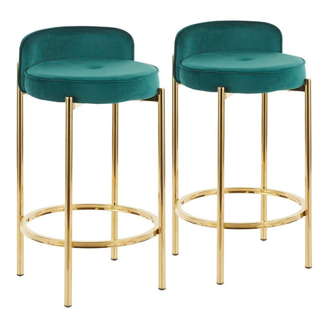 Lumisource Chloe Contemporary Counter Stool in Gold Metal and Green Velvet - Set of 2