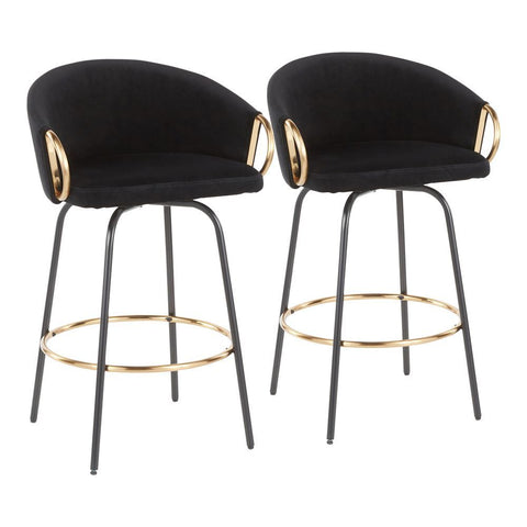 Lumisource Claire Contemporary/Glam Counter Stool in Black Metal and Black Velvet with Gold Metal Accent - Set of 2