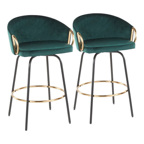 Lumisource Claire Contemporary/Glam Counter Stool in Black Metal and Emerald Green Velvet with Gold Metal Accent - Set of 2