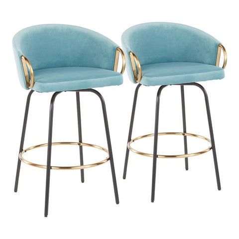 Lumisource Claire Contemporary/Glam Counter Stool in Black Metal and Light Blue Velvet with Gold Metal Accent - Set of 2