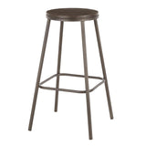 Lumisource Clara Industrial Round Barstool in Antique Metal and Espresso Wood-Pressed Grain Bamboo - Set of 2