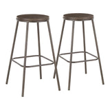 Lumisource Clara Industrial Round Barstool in Antique Metal and Espresso Wood-Pressed Grain Bamboo - Set of 2