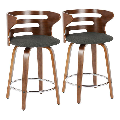 Lumisource Cosini Mid-Century Modern Counter Stool with Swivel in Walnut and Charcoal Fabric - Set of 2