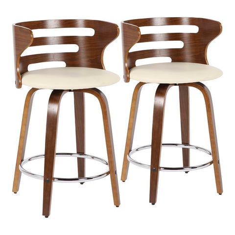 Lumisource Cosini Mid-Century Modern Counter Stool with Swivel in Walnut and Cream Faux Leather - Set of 2