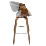 Lumisource Curvini Mid-Century Modern Barstool in Walnut Wood and Grey Fabric - Set of 2