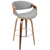 Lumisource Curvini Mid-Century Modern Barstool in Walnut Wood and Grey Fabric - Set of 2