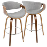 Lumisource Curvini Mid-Century Modern Barstool in Walnut Wood and Grey Fabric - Set of 2