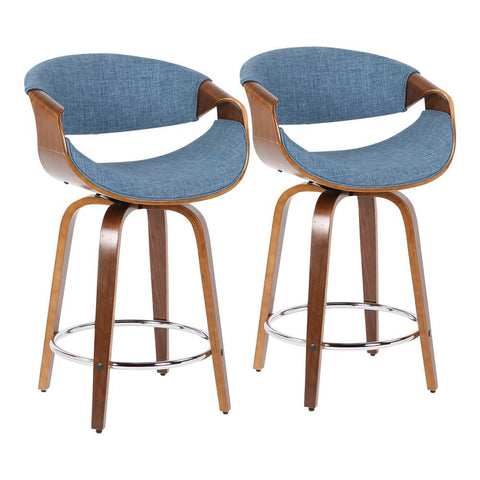 Lumisource Curvini Mid-Century Modern Counter Stool in Walnut Wood and Blue Fabric - Set of 2