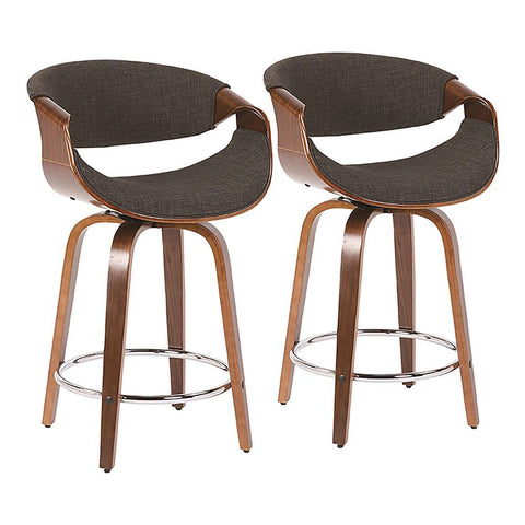 Lumisource Curvini Mid-Century Modern Counter Stool in Walnut Wood and Charcoal Fabric - Set of 2