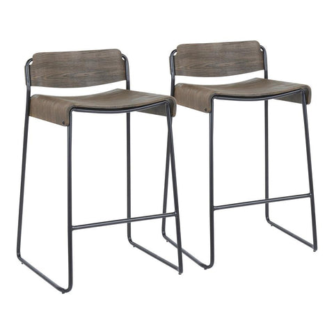 Lumisource Dali Industrial Low Back Counter Stool in Black Metal with Espresso Wood - Set of 2