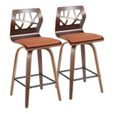 Lumisource Folia Mid-Century Modern Counter Stool in Walnut Wood and Orange Fabric - Set of 2