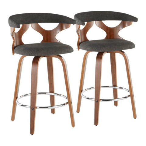 Lumisource Gardenia Mid-Century Modern Counter Stool in Walnut and Charcoal Fabric - Set of 2