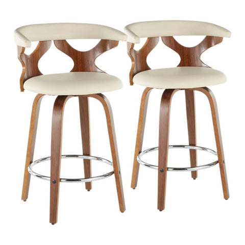 Lumisource Gardenia Mid-Century Modern Counter Stool in Walnut and Cream Faux Leather - Set of 2