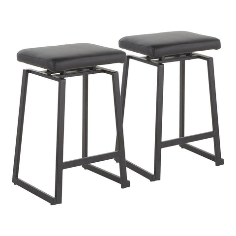 Lumisource Geo Industrial Upholstered Counter Stool in Black Metal and Black Faux Leather - Set of 2