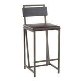 Lumisource Gia Industrial Counter Stool in Antique Metal w/Espresso Faux Leather & Black Wood - Set of 2