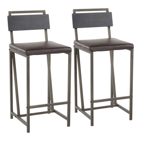 Lumisource Gia Industrial Counter Stool in Antique Metal w/Espresso Faux Leather & Black Wood - Set of 2