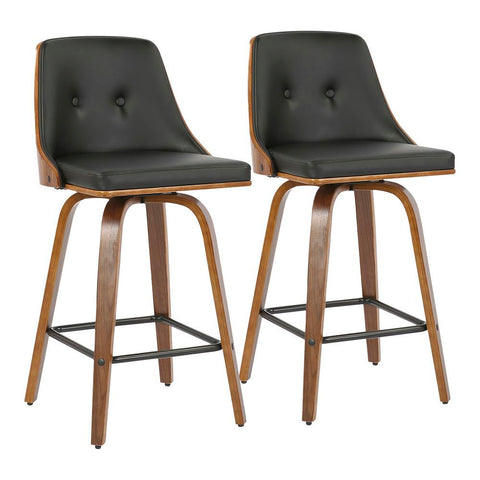 Lumisource Gianna 26" Mid-Century Modern Counter Stool in Walnut with Black Faux Leather - Set of 2