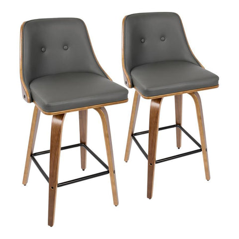 Lumisource Gianna 26" Mid-Century Modern Counter Stool in Walnut with Grey Faux Leather - Set of 2
