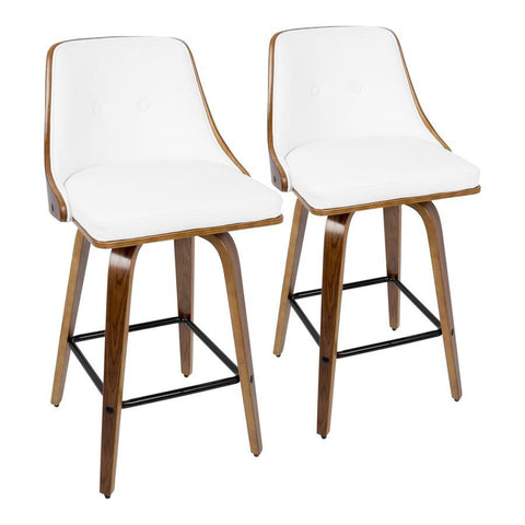 Lumisource Gianna 26" Mid-Century Modern Counter Stool in Walnut with White Faux Leather - Set of 2