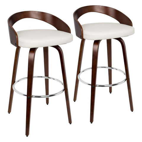 Lumisource Grotto Mid-Century Modern Barstool with Swivel in Cherry with White Faux Leather - Set of 2