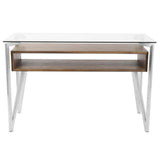 Lumisource Hover Contemporary Console Table with Brushed Stainless Steel Frame, Walnut Wood Shelf, and Clear Glass Top