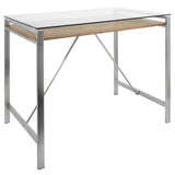 Lumisource Hover Mid-Century Modern Counter Table with Brushed Stainless Steel Frame, Walnut Wood Shelf, and Clear Glass Top
