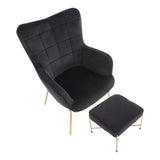 Lumisource Izzy Contemporary Lounge Chair and Ottoman Set in Gold Metal and Black Velvet Fabric