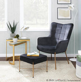 Lumisource Izzy Contemporary Lounge Chair and Ottoman Set in Gold Metal and Black Velvet Fabric
