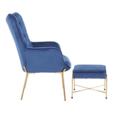 Lumisource Izzy Contemporary Lounge Chair and Ottoman Set in Gold Metal and Blue Velvet Fabric