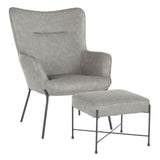 Lumisource Izzy Industrial Lounge Chair and Ottoman Set in Black Metal and Grey Faux Leather