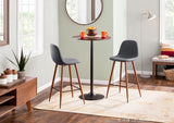 Lumisource Pebble Mid-Century Modern Barstool in Walnut Metal and Blue Fabric - Set of 2