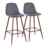 Lumisource Pebble Mid-Century Modern Barstool in Walnut Metal and Blue Fabric - Set of 2