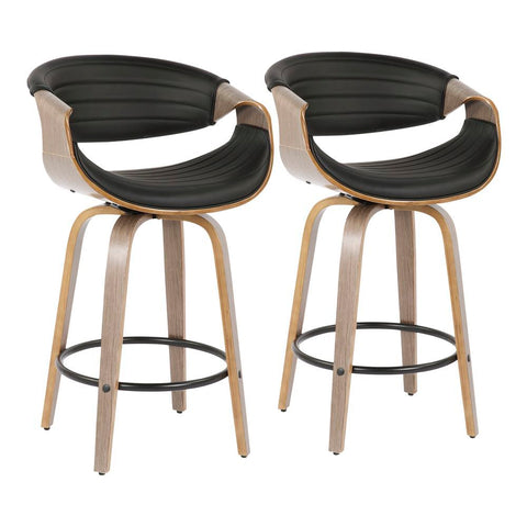 Lumisource Symphony Mid-Century Modern Counter Stool in Light Grey Wood and Black Faux Leather - Set of 2