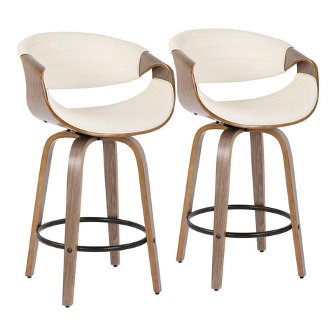 Lumisource Symphony Mid-Century Modern Counter Stool in Light Grey Wood and White Faux Leather - Set of 2