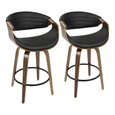 Lumisource Symphony Mid-Century Modern Counter Stool in Walnut and Black Faux Leather - Set of 2