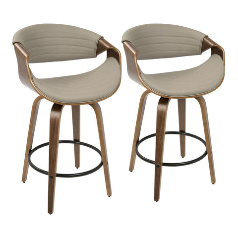 Lumisource Symphony Mid-Century Modern Counter Stool in Walnut and Grey Faux Leather - Set of 2