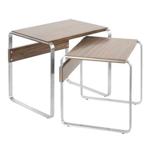 Lumisource Tea Side Mid-Century Modern Nesting Tables in Stainless Steel and Walnut