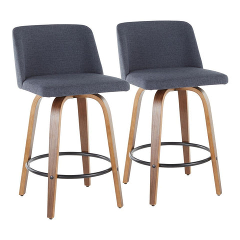 Lumisource Toriano Mid-Century Modern Counter Stool in Walnut and Blue Fabric - Set of 2