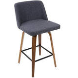 Lumisource Toriano Mid-Century Modern Counter Stool in Walnut and Blue Fabric - Set of 2