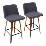 Lumisource Toriano Mid-Century Modern Counter Stool in Walnut and Blue Fabric - Set of 2