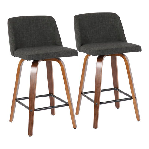 Lumisource Toriano Mid-Century Modern Counter Stool in Walnut and Charcoal Fabric - Set of 2