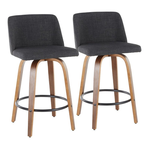 Lumisource Toriano Mid-Century Modern Counter Stool in Walnut and Charcoal Fabric - Set of 2