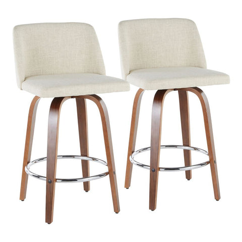 Lumisource Toriano Mid-Century Modern Counter Stool in Walnut and Cream Fabric - Set of 2